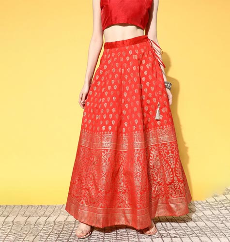 Red Floral Brocade Skirt